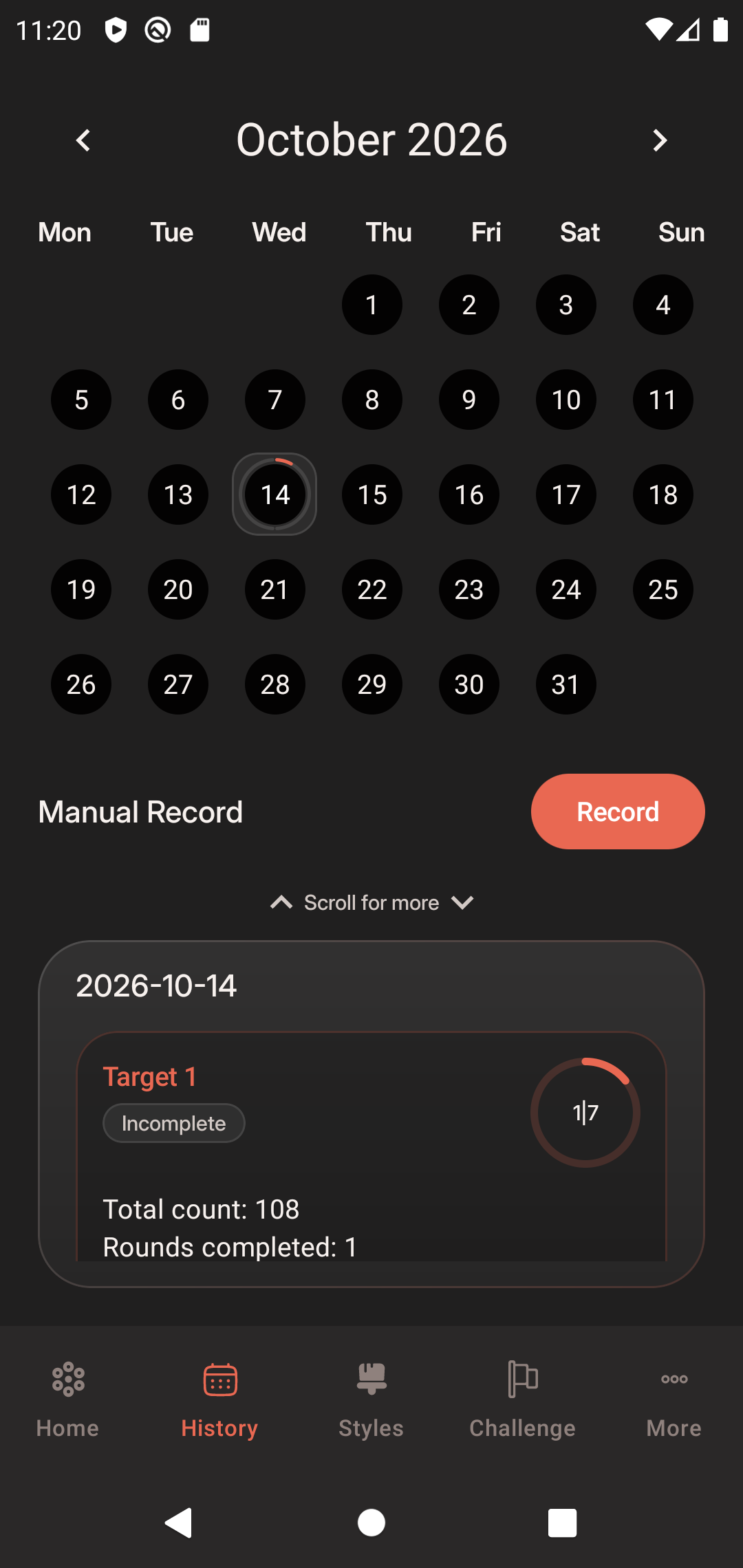 Beads Counter running on Android, showing the calendar and daily progress screen